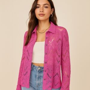 Free People Pink Beaded Lace Button-Down Shirt – Size L – EUC